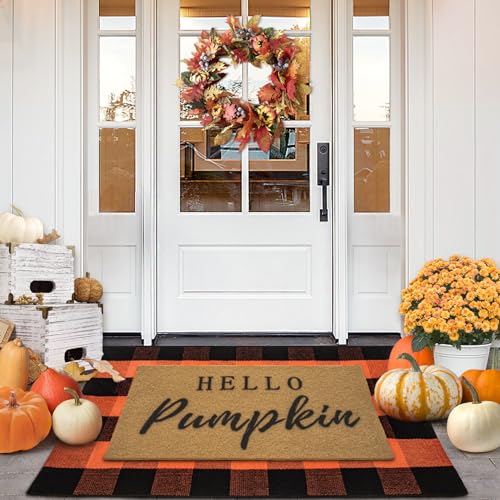 2-teiliges Herbst-Fußmatten-Kombi-Set, 109,2 x 71,1 cm, Büffelkariert, Fußmatte und Kokosfaser-Imitat, Herbst-Fußmatte, Hello Pumpkin Willkommensmatte, orangefarbenes Dekor für Herbst, Halloween 2-teiliges Herbst-Fußmatten-Kombi-Set, 109,2 x 71,1 cm, Büffelkariert, Fußmatte und Kokosfaser-Imitat, Herbst-Fußmatte, Hello Pumpkin Willkommensmatte, orangefarbenes Dekor für Herbst, Halloween von Korlon