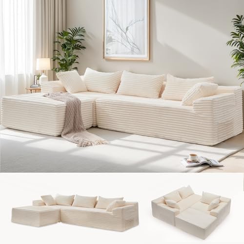 Korser, 108-Zoll-Ecksofa für das Wohnzimmer, modulares Ecksofa mit L-förmiger Chaiselongue, Cloud-Couch, bequemes Samtvelours-Flocksofa mit tiefer Sitzfläche, Keine Montage erforderlich (Ivory) von Korser