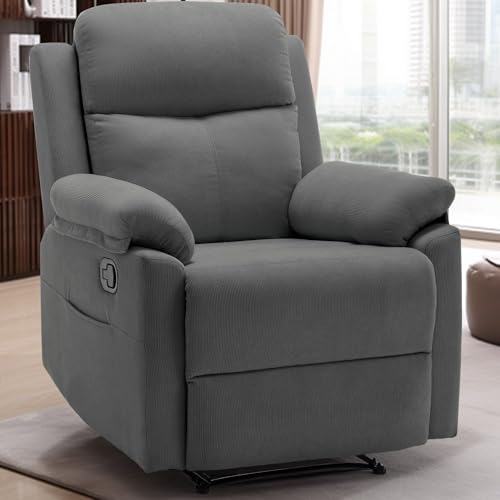Korser Relaxsessel für Erwachsene, kleiner Liegestuhl für kleine Räume, gepolsterter manueller Liegestuhl mit Seitentaschen, Cordstuhl für Wohnzimmer oder Kinderzimmer (grau) von Korser
