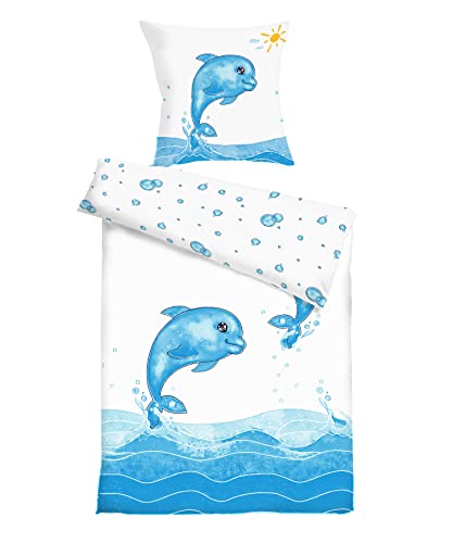 Koru Kids® Delfin Kinderbettwäsche 135x200 cm – 2-teiliges Set mit Kissenbezug 80x80 cm – Bettwäsche Kinder – 100% Baumwolle – Mako-Satin – Kinder Bettwäsche von Koru Kids