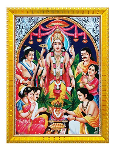 Koshtak Bilderrahmen aus Kunstholz, Sri Satyanarayan Swamy Vishnu Avatar ji Giving Blessing mit laminiertem Poster (30 x 23 cm) (Goldener Rahmen) von Koshtak