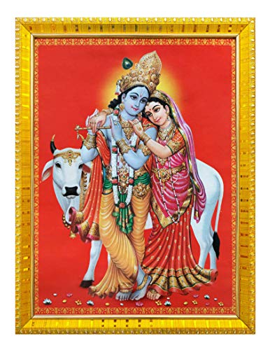 Koshtak Krishna with Radha/Radha Krishna ji/kanha ji mit Kuh Bilderrahmen mit laminiertem Poster für Puja Raum Tempelanbetung / Wandbehang / Geschenk / Heimdekoration (30 x 23 cm) von Koshtak