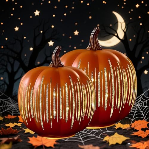 2er Set Beleuchtete Sternennacht Kürbisse mit Timer - Herbstdeko LED Glaskürbisse | Funkelnde Herbst Dekoration für gemütliche Herbststimmung (Orange S+l) von Kosinso