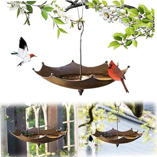 Vogeltränke Schirm aus Metall in Rost-Optik, Vogeltränke in Regenschirmform, hängend, Vogelbad Winterfest & frostsicher, Wasserschale, Balkon & Garten-Deko für Draußen von Kosinso