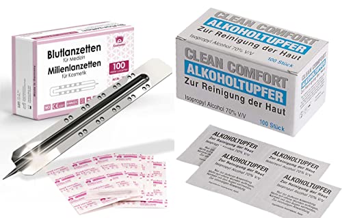 100x Lanzetten 100x Alkoholtupfer, Stechhilfe Einweglanzette, sterile Kosmetex Blutlanzette für Milien (je 100) von Kosmetex