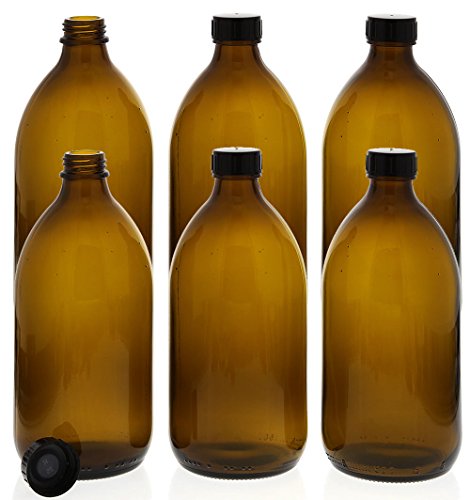 Braunglas-Flasche m. Verschluss, rund, Enghals, leer Kosmetex Sirupflasche, Enghalsflasche, 500 ml, 6× 500 ml von Kosmetex
