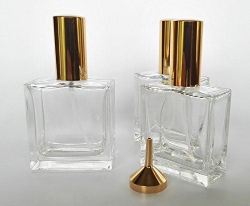 Eckige Flakons, Glas, leer 50 ml mit gold. Zerstäuber Einheit, 3x Gold +Trichter von Kosmetex