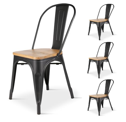 Kosmi - Set mit 4 Stühlen im Industriestil, aus Metall, schwarz matt und Sitzfläche aus hellem Holz von Kosmi