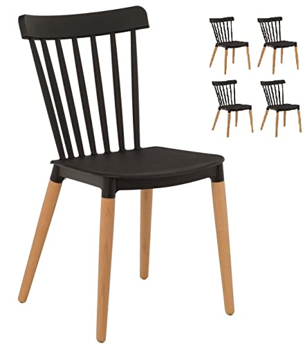 KOSMI.FR - Set aus 4 schwarzen Stühlen im skandinavischen Stil, Stühlen mit Stangen, POP, Sitz aus schwarzem Harz und Basis aus Naturholz von Kosmi