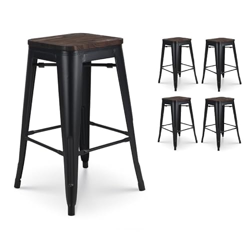 Kosmi Barhocker aus Metall, Schwarz, matt, Industriestil und Sitzfläche aus dunklem Holz, Höhe 66 cm, 4 Stück von Kosmi
