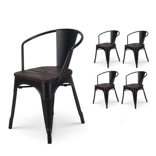 Kosmi - Juego de 4 sillas de Metal Oscuro y Madera oscura Industrial Factory Metal Black Matte, asiento y reposabrazos de Madera oscura von Kosmi