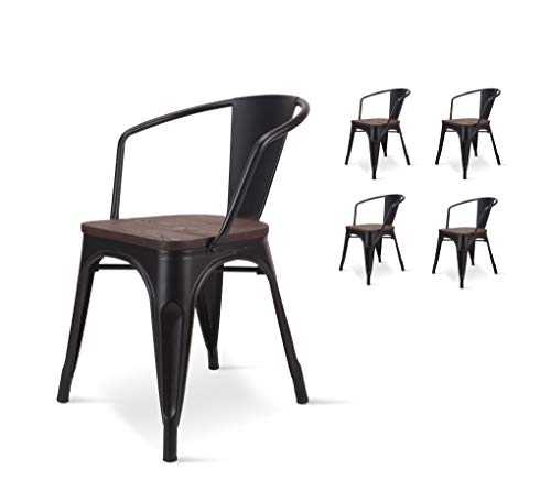 Kosmi - Juego de 4 sillas de Metal Oscuro y Madera oscura Industrial Factory Metal Black Matte, asiento y reposabrazos de Madera oscura von Kosmi