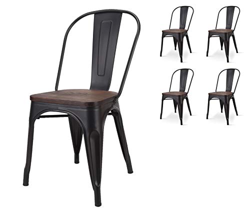 Kosmi - Lot von 4 Stühlen aus mattschwarzem Metall mit Sitz aus dunklem Massivholz für die Dekoration im Industriestil von Kosmi