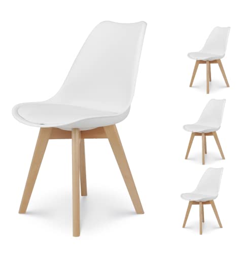 Kosmi - Set mit 4 weißen Stühlen, skandinavischer Stil, Modell Victoire mit Schale aus weißem Kunstharz, gepolstert und Beine aus Naturholz von Kosmi