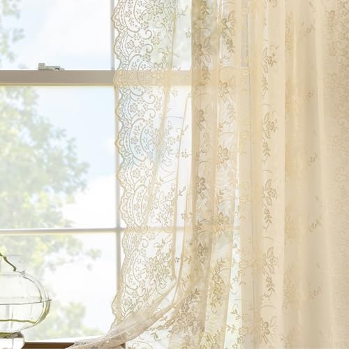 Kotile 203 cm lange beige Spitzenvorhänge 2 Paneele Set Country Vine Floral Scalloped Vintage Sheer Lace Vorhänge 203 cm lang für Schlafzimmer Wohnzimmer Stangentasche Sichtschutz Spitzenvorhang 132 x von Kotile