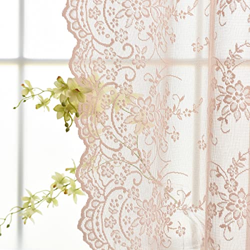 Kotile Blush Lace Curtains 45 Inch Length, Country Vine Floral Pattern Vintage Sheer Lace Curtains for Girls Room, Privacy Short Lace Curtains 2 Panels Set, 132 x 45 Inch, Blush Pink von Kotile