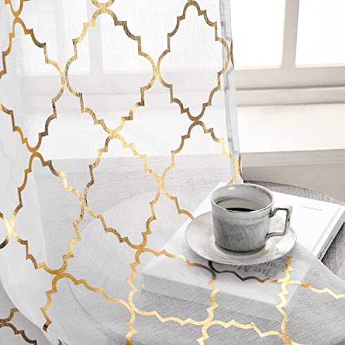 Kotile Marokkanische transparente Vorhänge, 213 cm Länge für Wohnzimmer – Stangentasche, weiß, durchsichtige Vorhänge, Goldfolie, Vierpass-Muster, Fenstervorhang, 1 Paar, Weiß und Gold von Kotile