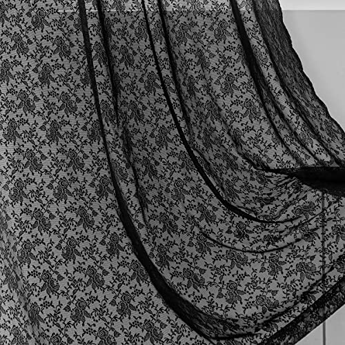 Kotile Schwarze Netzvorhänge für die Küche – Vintage-Spitzenvorhänge 137 cm lang, 2 Paneele, Rosen-Blumenmuster, Voile-Vorhänge für Fenster, Privatsphäre, Küche, 2 Stück, schwarz von Kotile