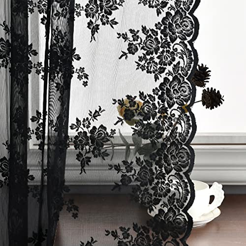 Kotile Schwarze Spitzen-Vorhänge, 137 cm Länge, rustikale Vintage-Spitzenvorhänge, 2 Paneele, Set für Fenster, Privatsphäre, Gothic-Blumenmuster, durchscheinende Spitzenvorhänge, 132 x 137 cm, 1 Paar, von Kotile