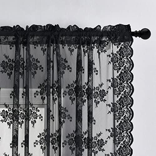 Kotile Schwarze Spitzenvorhänge, 114 cm Länge, 2 Paneele, Set, ländlich, rustikal, Gothic, Blumenstickerei, Vintage-Spitzenvorhänge für kleine Fenster, durchscheinende Spitzenvorhänge, 132x114 cm von Kotile