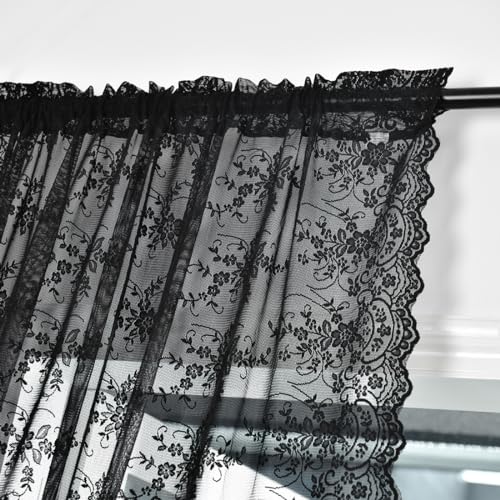 Kotile Schwarze Spitzenvorhänge 213 cm lang, Country Rusitc Blumenmuster Vintage schwarze durchsichtige Spitzenvorhänge für Wohnzimmer, Privatsphäre Goth Sheer Fenstervorhänge, 132 x 213 cm, 2 von Kotile