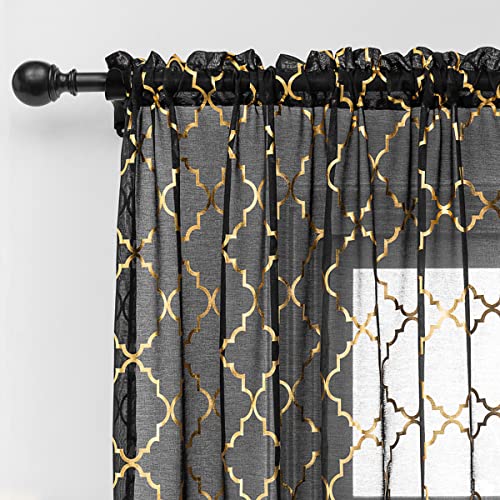 Kotile 1 Paar Vorhänge mit geometrischem Muster, marokkanischer Stil, 274 cm lang, mit Filter, für Wohnzimmer, 132,1 x 274,3 cm, Schwarz und Gold, 1 Paar von Kotile