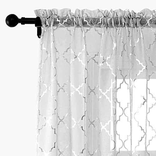 Kotile Silbergraue, durchsichtige Vorhänge, 244 cm – metallische Silberfolie, marokkanische Fliese, bedruckt, Stangentasche, Sichtschutz, Lichtfilterung, 2 Paneele, grau und silber von Kotile