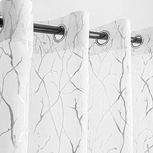 Kotile Weiße, durchsichtige Vorhänge, 213 cm lang – bedruckte stilvolle silberfarbene Baumzweigvorhänge für Schlafzimmer, Ösen, Fenster, Baumvorhänge Wohnzimmer, 132 x cm, 2 Paneele, silber und weiß von Kotile