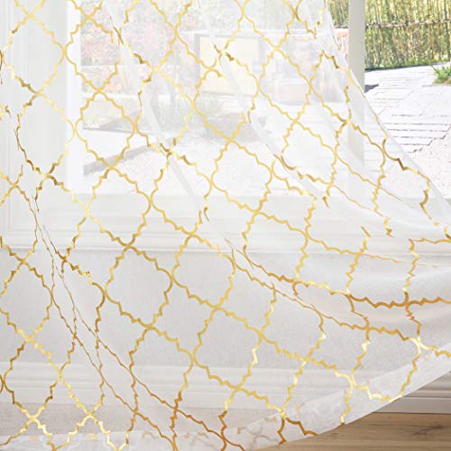 Kotile Weiße Netzvorhänge für Schlafzimmer – metallisch-goldene Folie, geometrische marokkanische Fliesen, bedruckte Vorhänge, 90 Tropfen, Ösen, Fenster, Treament, 168 x 228 cm, 2 Bahnen von Kotile