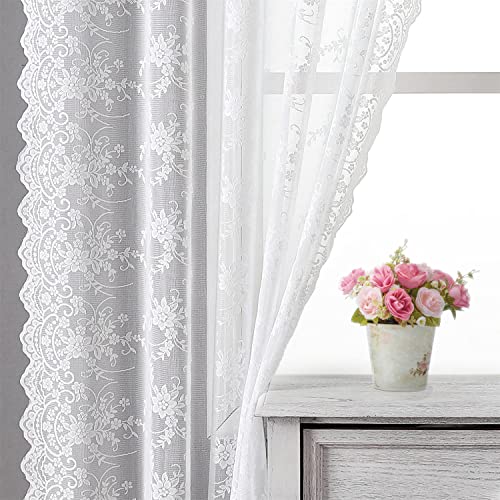 Kotile Weiße Spitzenvorhänge 137 cm Länge für kleine Fenster, Stickerei Ranke Blumen Vintage Spitzenvorhänge 2 Paneele Set, 1 Paar, Weiß von Kotile