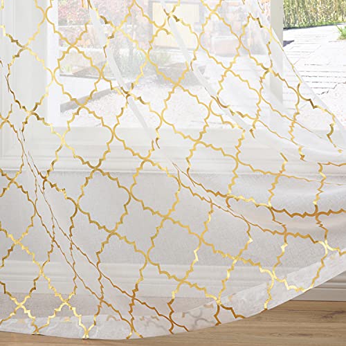 Kotile Weiße Voile-Vorhänge mit 90 Tropfen – Druck Metallic Gold marokkanische Fliesen Weiß Voile Netzgardinen für Schlafzimmer, Lichtfilterung Privatsphäre Ösen Voile Vorhänge, Weißgold, 2 Stück von Kotile