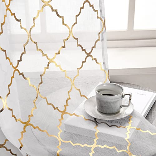 Kotile Weiße und goldfarbene transparente Vorhänge für Schlafzimmer – goldfarbene marokkanische Fliesenvorhang, Stangentasche, weiße Fenstervorhänge, 160 cm Länge, 1 Paar, Goldweiß von Kotile
