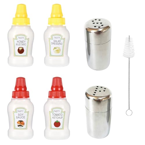 Kotkiddy 6 Stück Mini Salzstreuer, Salz und Pfefferstreuer, Ketchup Flasche,Squeeze Flasche,Saucenflasche,Soßenflaschen,mit pinsel reinigen für Bento-Boxen,Autos, Camping von Kotkiddy