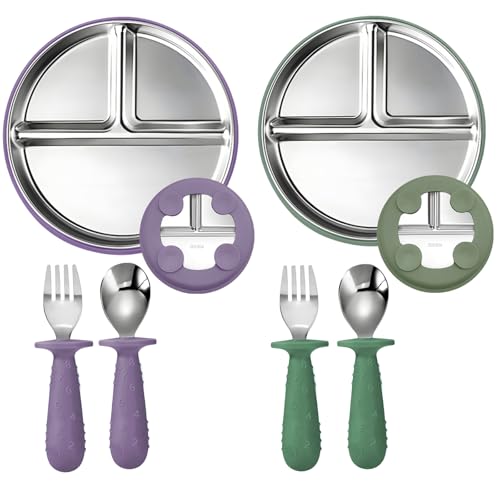 Kotkiddy Stainless Steel Baby Teller mit Saugnapf & Babylöffel Gabeln, 23CM Geteilte Teller mit Abnehmbarem Silikon-Schlauch für Baby Set von 2 (Armeegrün und Dunkelviolett von Kotkiddy