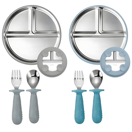 Kotkiddy Stainless Steel Baby Teller mit Saugnapf & Babylöffel Gabeln, 23CM Geteilte Teller mit Abnehmbarem Silikon-Schlauch für Baby Set von 2 (Graublau und Rauchgrau) von Kotkiddy