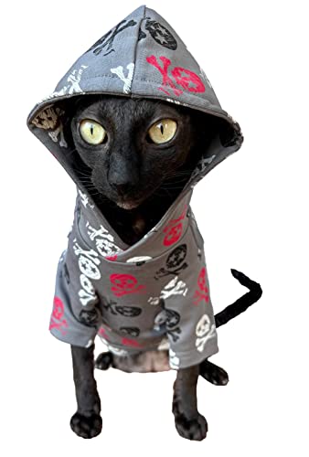 Kotomoda Katzen-Kapuzenpullover mit Totenkopf-Motiv, 100% Baumwolle, fьr Sphynx und nackte Katzen, Grцяe L von Kotomoda