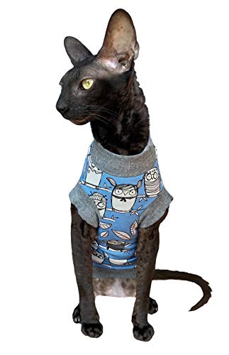 Kotomoda Katzenshirt Zarte Eule blau für Sphynx und nackte Katzen (M) von Kotomoda