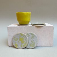 Set Of 5 Handmade Stoneware Coasters With Yellow Speckles On A Greyish Base - Unique Design For Special Occasions Or Everyday Moments Set Of 5 Handmade Stoneware Coasters With Yellow Speckles On A Greyish Base - Unique Design For Special Occasions Or Everyday Moments von KottiCeramics