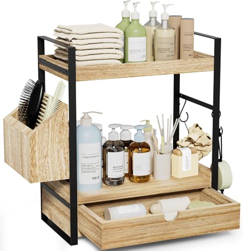 Kottwca 2-Ebenen Badezimmer Organizer mit Schubladen, Körben und 2 Haken, Arbeitsplatten-Organizer aus Holz mit Metallgestell, Multifunktionales Gewürzregal, Badregal für Bad, Küche, Büro Kottwca 2-Ebenen Badezimmer Organizer mit Schubladen, Körben und 2 Haken, Arbeitsplatten-Organizer aus Holz mit Metallgestell, Multifunktionales Gewürzregal, Badregal für Bad, Küche, Büro von Kottwca