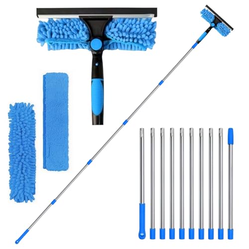 Kottwca 4,5M Fensterwischer - 2 - in - 1 Professioneller Fensterreiniger Set mit Teleskopstange - Ideal für Innen & Außen, Hochfenster, Wand, Auto - Mit Gummiwischer und Mikrofasertuch, Blau von Kottwca