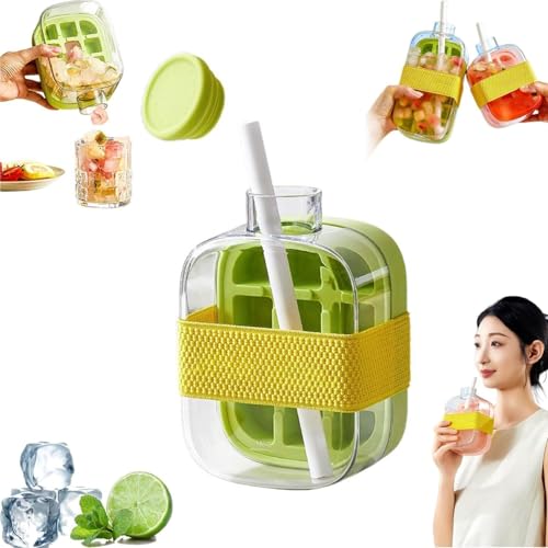 500/800ml 2 in 1 Ice Cube Bottle, EiswüRfel Flasche, EiswüRfelbehäLter Wasserflasche Mit Deckel Und BehäLter, Einfaches DrüCken, Um Das Eis Zu LöSen, EiswüRfelform (500ml-grün) von Kouamor