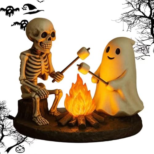 Skelett und Geist Lagerfeuer Nachtlichter, 3D Ghost Lagerfeuer Flackernde Lampe, Skelett Geist Rösten Marshmallows Flackernde Nächte Licht, Halloween Gruselige Atmosphäre LED Nachtlicht für von Kouamor