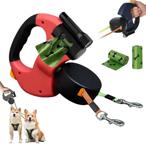 Verlängerbare Hundeleine mit LED-Beleuchtung & Kotbeutelhalter mit Kotbeutel, bis 10Fuß Länge, für mittelgroße Hunde, Doppelleine für 2 Hunde, 360° Verhedderungsfreier Leinenverlängerung (Rot) Verlängerbare Hundeleine mit LED-Beleuchtung & Kotbeutelhalter mit Kotbeutel, bis 10Fuß Länge, für mittelgroße Hunde, Doppelleine für 2 Hunde, 360° Verhedderungsfreier Leinenverlängerung (Rot) von Kouamor