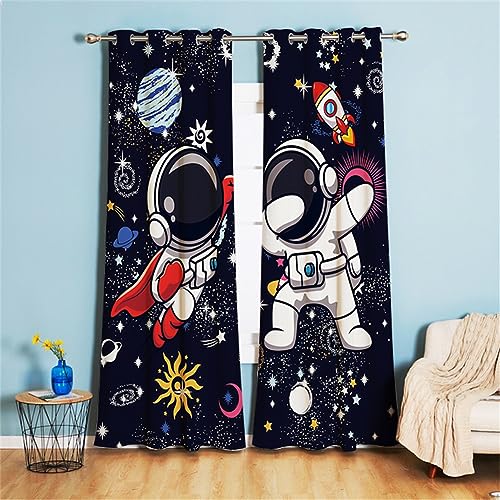Koudi Astronauten Vorhänge Weltall Sternenhimmel Universum Muster Gardinen mit Ösen für Kinderzimmer, Babyzimmer 210 x 132cm (H × B) von Koudi
