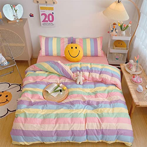 Koudi Bunt Mädchen Bettwäsche 140x200 Kinderbettwäsche Mehrfarbig Regenbogen Streifen Muster Bettbezug Reißverschluss mit Kissenbezug 70x90cm von Koudi