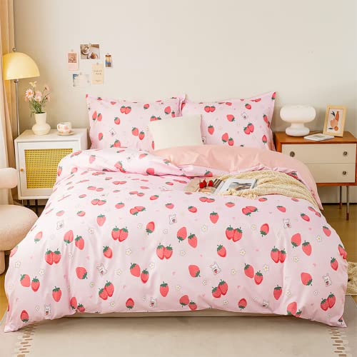 Koudi Kinderbettwäsche 100x135 Mädchen Rosa Altrosa Kinder Wendebettwäsche Set Süß Erdbeere Hase Motiv 100% Mikrofaser Pink Bettbezug Reißverschluss mit Kissenbezug 40x60 von Koudi