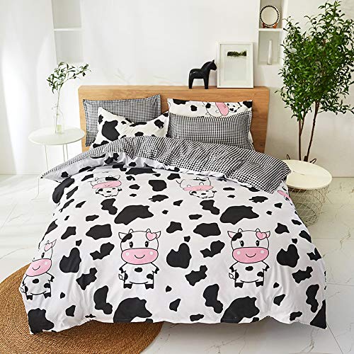 Koudi Kinderbettwäsche Mädchen 135x200 Schwarz und Weiß Kuh 100% Mikrofaser Kinder Mädchen Kariert Wendebettbezug und Kopfkissenbezug 80x80 cm von Koudi