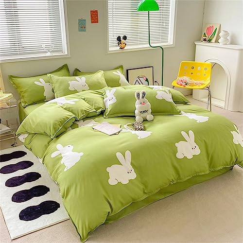Koudi Mädchen Bettwäsche 155x220 Grün Weiß Hase Motiv Kinderbettwäsche Mikrofaser Häschen-Muster Bettbezug mit Kissenbezug 80x80 cm von Koudi