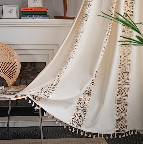 Koudi Vintage Boho Vorhänge Beige Baumwolle Leinen Gardinen mit Quasten, Geometrisch Landhaus Muster Vorhang für Modern Schlafzimmer Wohnzimmer, 1 Stück, B150 x H180cm von Koudi