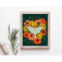 Luna Moth Wandkunst, Floral Kunstdruck von KourtniGunnArt